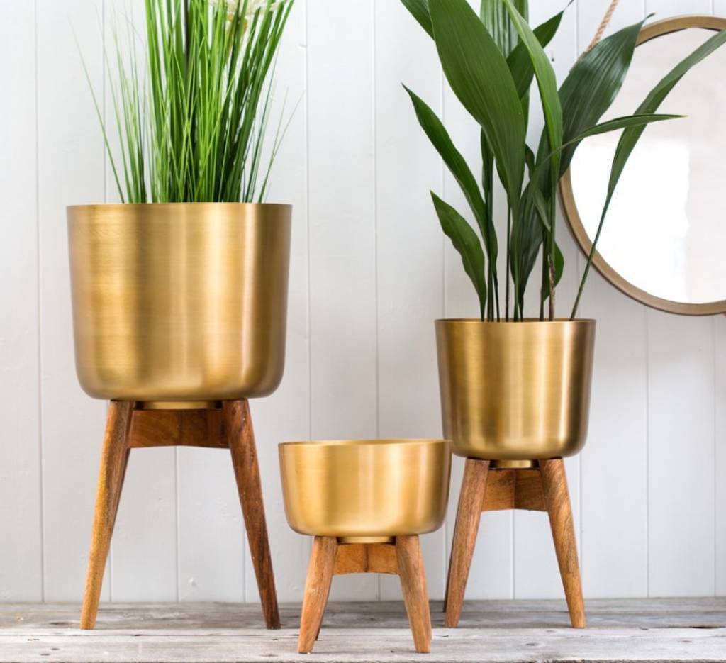 Brass Plant Pot On A Wooden Stand By The Forest &amp; Co 