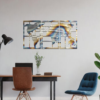 Metal World Map Wall Art Panel Set For Modern Home Decor, 4 of 10