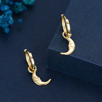 Sterling Silver Crescent Moon Face Hoop Earrings, 7 of 12