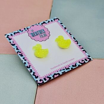 Yellow Glitter Rubber Duck Resin Stud Earrings, 3 of 4