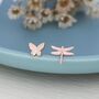 Mismatched Butterfly And Dragonfly Stud Earrings In Sterling Silver, thumbnail 5 of 12