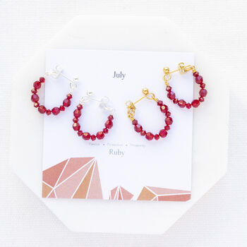 July Birthday Ruby Birthstone Beaded Huggie Earrings, 2 of 8