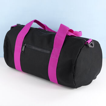 Monogrammed Barrel Gym Bag In Black And Fuchsia, 4 of 8