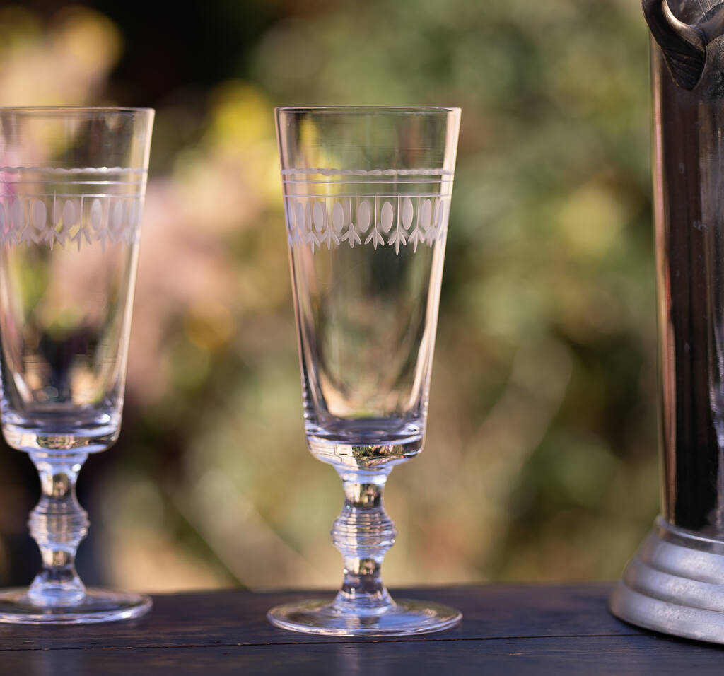 Set Of Four Champagne Flutes With Art Deco Design, 1 of 2