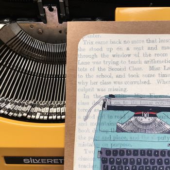 Typewriter On Vintage Book Paper Greeting Card, 2 of 3