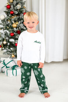 Family Christmas Personalised Snowflake Pyjamas In Red And Green, 2 of 10