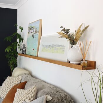 Solid Oak Floating Picture Ledge Shelf Made To Measure With Carved Text, 6 of 10