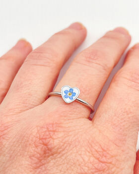 Mini Heart Ring With Real Forget Me Not Flower In Gold Or Silver Waterproof, 2 of 10