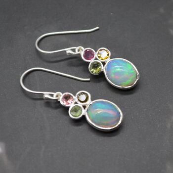 Fire Opal, Tourmaline Earrings: Silver, Dangle Drop, 2 of 6