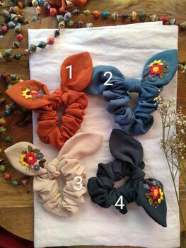 Bunny Bow Scrunchies With Embroidered Flower, 2 of 11