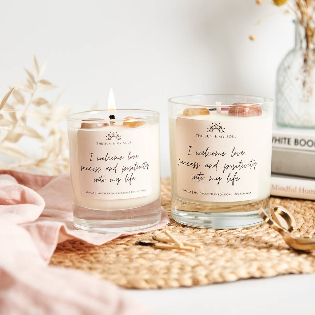 Positive Affirmation Crystal Candle With Three Crystals By The Sun & My