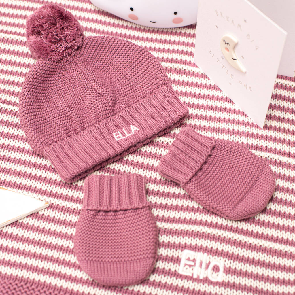 Baby Girl Personalised Bobble Hat And Mittens Gift Set, 1 of 12
