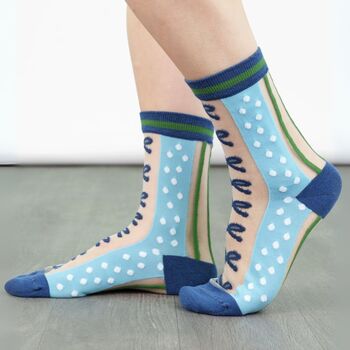 Sheer Pop Socks Ankle Highs Polka Dot Bows Blue Green, 2 of 3