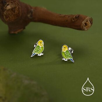 Sterling Silver Green Enamel Budgie Stud Earring, 2 of 11
