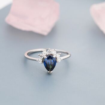 Pear Cut Sapphire Blue Cz Crown Ring In Sterling Silver, 8 of 12