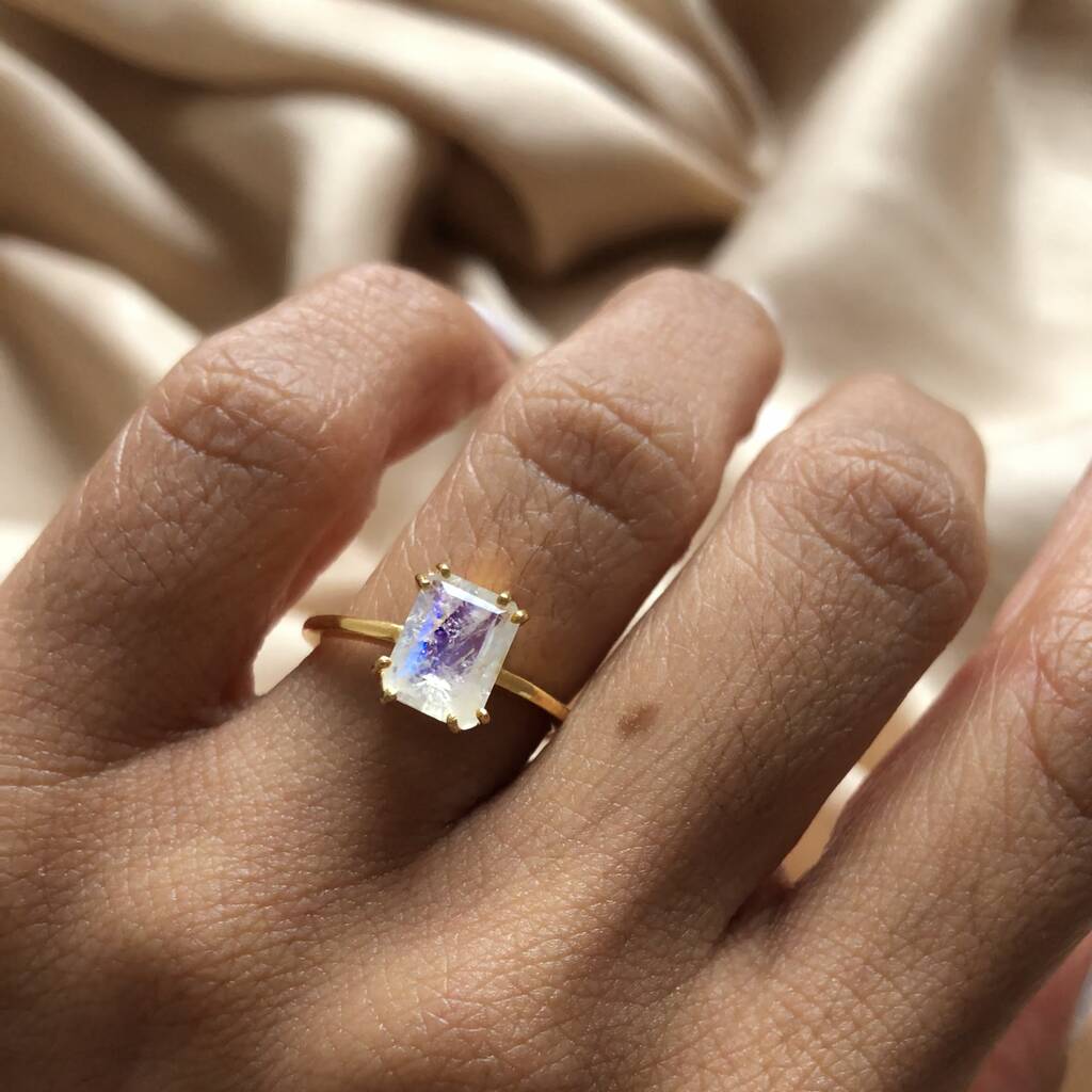 Moonstone Emerald Cut Gold Ring With A Double Prong, 1 of 2