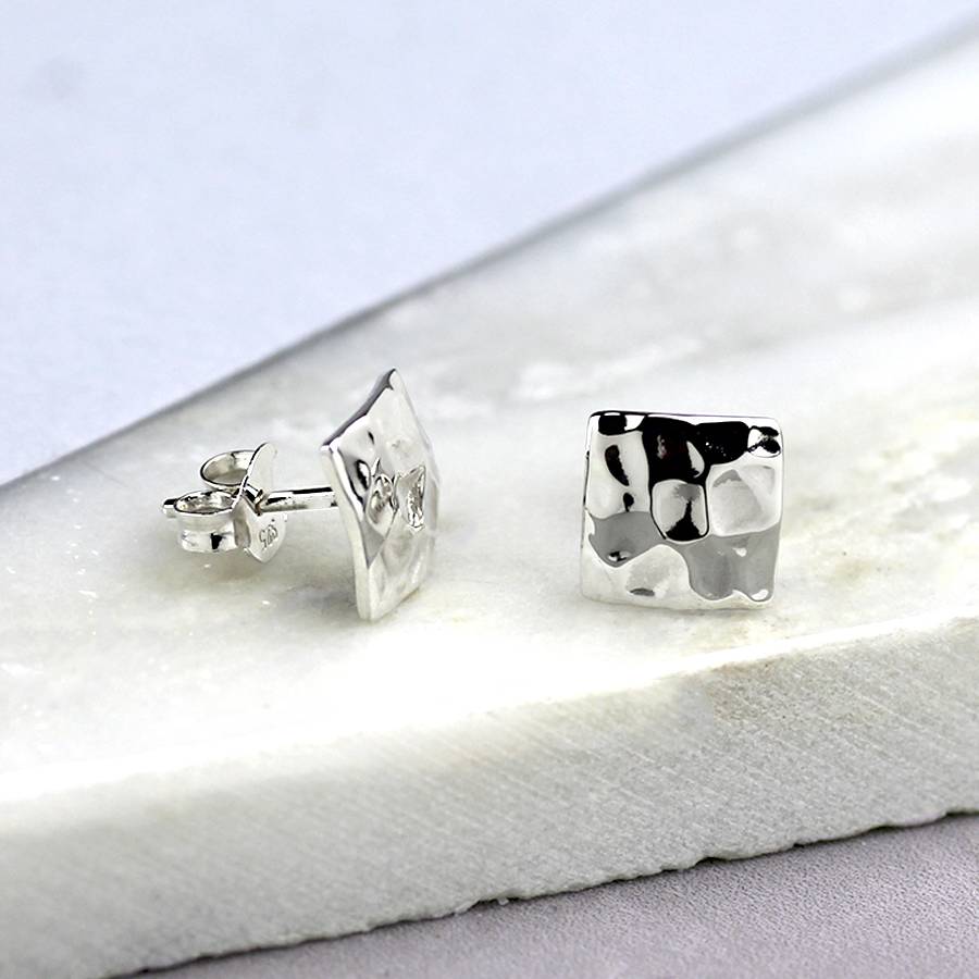 silver hammered square earrings by hersey silversmiths