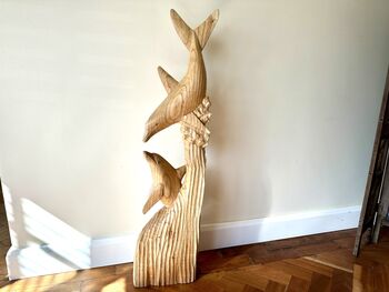 1m Tall Huge Hand Carved Wooden Mother And Baby Dolphin Ornament, 4 of 12