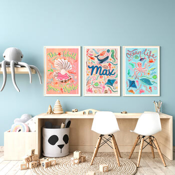 Personalised Ocean Nursery Name Print | Hand Painted Sea Life Wall Art | Nautical Baby Gift, 7 of 9