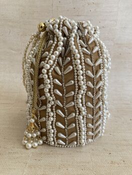 Bronze Handcrafted Pearl Potli Bag Wrist Bucket Bag, 8 of 8