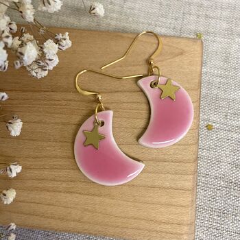 Pink Moon And Star Ceramic Earrings Gold Plated, 6 of 8