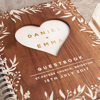 Personalised Gold Walnut Heart Wedding Guest Book, 2 of 4