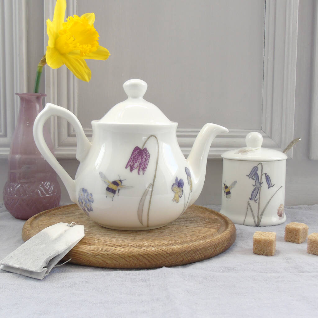 Bee And Spring Flowers Two Cup Small Teapot By littlebirdydesigns