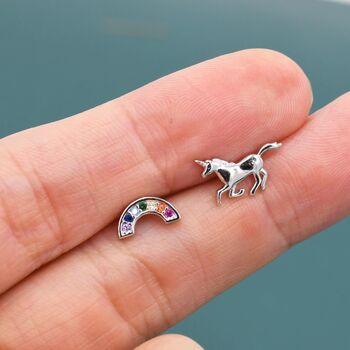Mismatched Unicorn And Rainbow Stud Earrings In Sterling Silver, 7 of 12