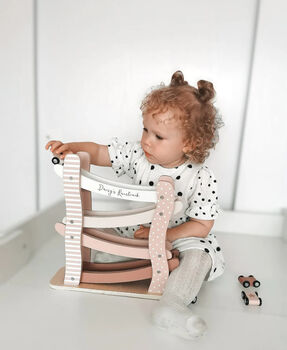 Personalised Wooden Pastel Pink Car Roller Toy With Cars, 2 of 11