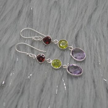 Garnet Peridot Amethyst: 925 Silver Birthstone Earrings, 2 of 9