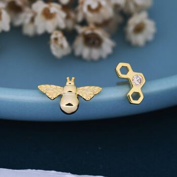 Mismatched Bee And Honeycomb Stud Earrings, 4 of 12