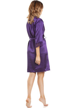 British Made Purple Short Satin Dressing Gown With Lace Detail, 2 of 5