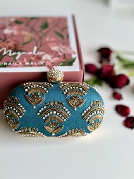 Valeria Teal Embroidered Embellished Oval Clutch Bag, 5 of 8