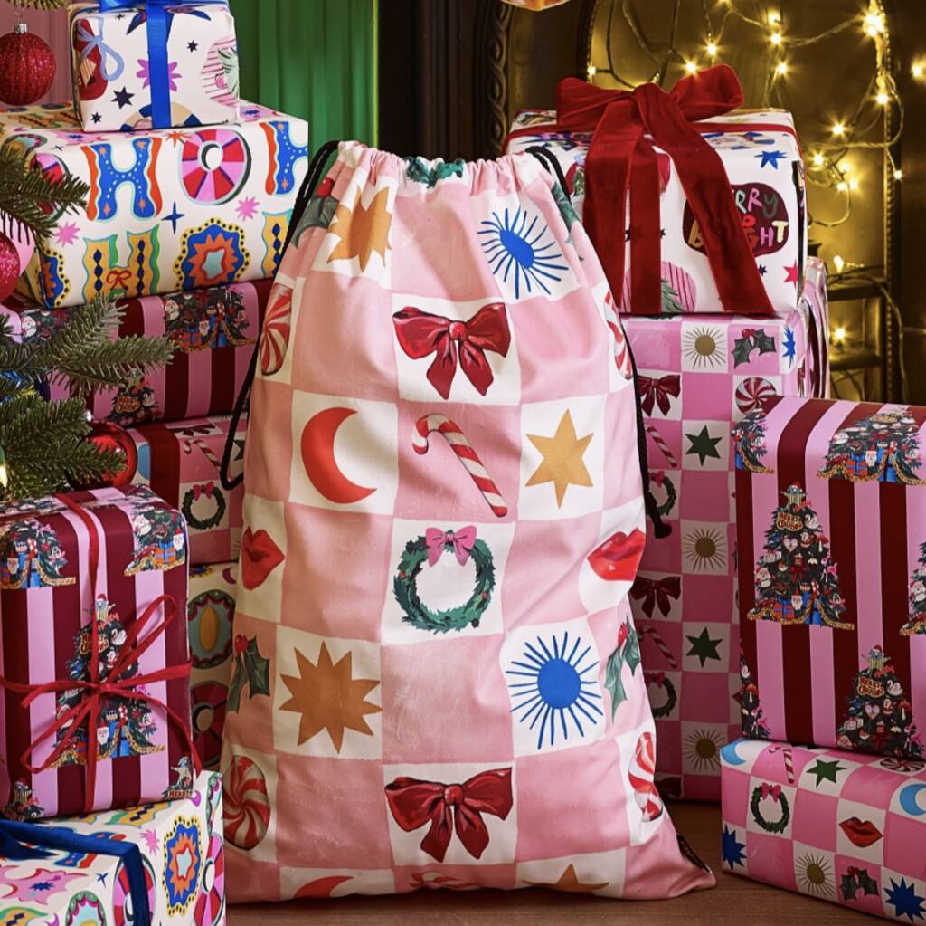 Kissmas Checkerboard Velvet Santa Sack, 1 of 3