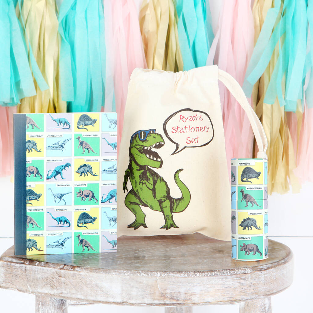 Dinosaur Stationery Set With Personalised Bag By Red Berry Apple