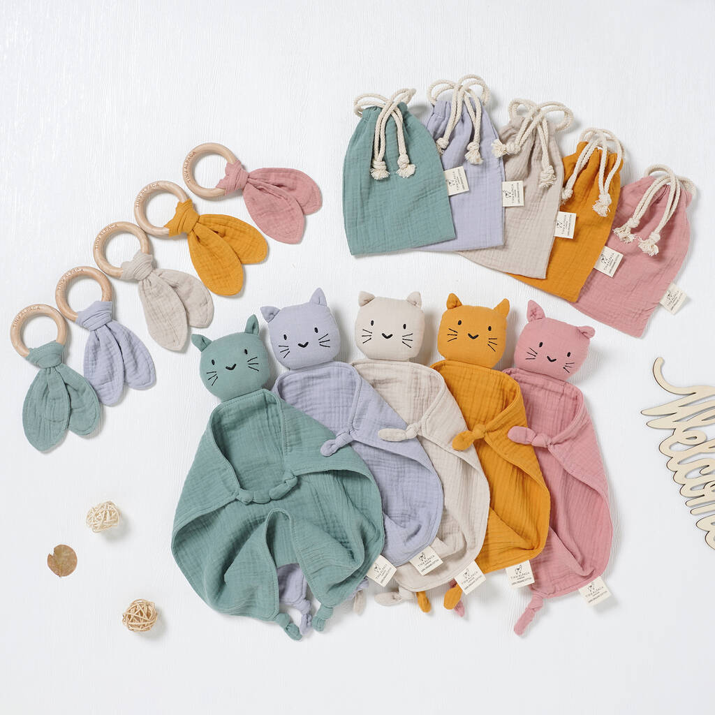 Organic Baby Cat Comforter With Teether And Bag, 1 of 6