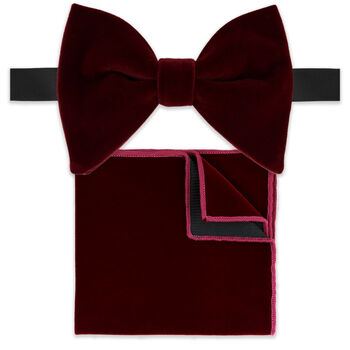 Mens Burgundy Oversize Velvet Bow Tie And Pocket Square, 3 of 7