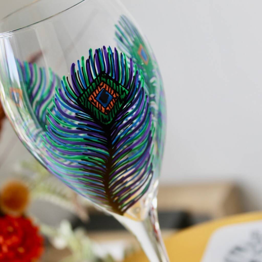 PEACOCK FEATHER WINE GLASS – www.thepaintedflower
