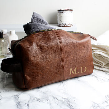 Personalised Luxury Initials Brown Leatherette Wash Bag, 5 of 5