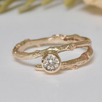 Gold Twig Engagement Ring, White Sapphire Nature Ring, 3 of 8