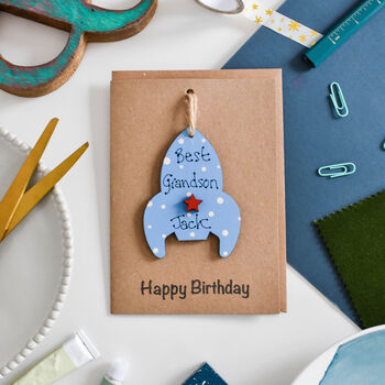 Personalised Grandson Rocket Blue Wooden Birthday Card, 2 of 2