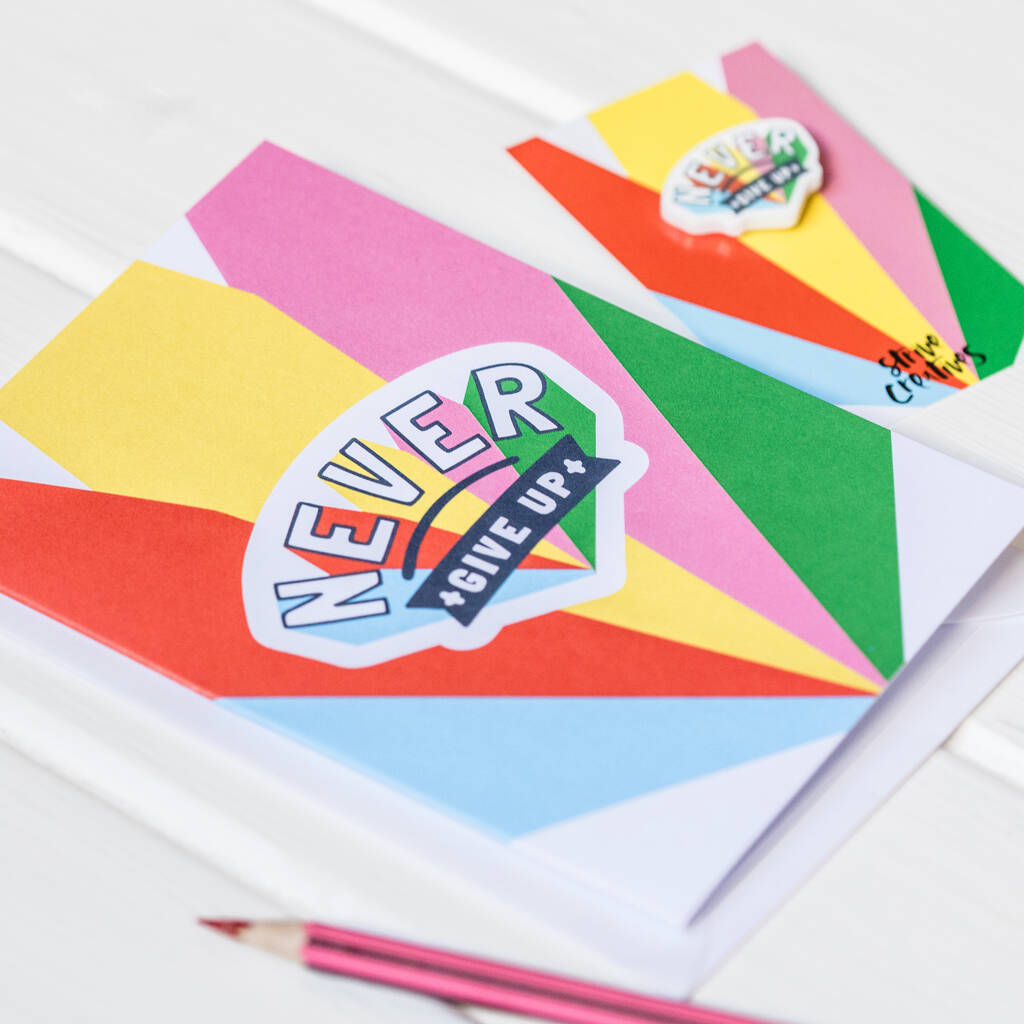 Never Give Up Rainbow Positive Pin And Greeting Card By Strive