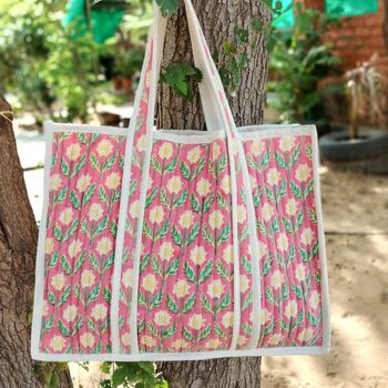 Large Quilted Market Tote Bag With Pink Floral Block Print Design, 4 of 10