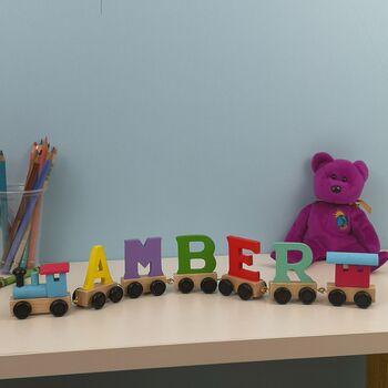 Personalised Coloured Wooden Name Train With Zoo Pack, 2 of 7