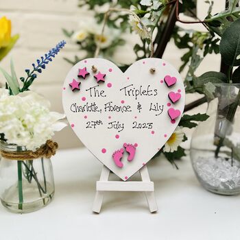 Personalised New Baby Triplets Wooden Heart, 2 of 2