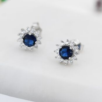 Sapphire Cz Flower Stud Earrings In Sterling Silver, 8 of 12