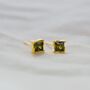 Yellow Gold Princess Cut Birthstone Earrings August Peridot, thumbnail 1 of 5