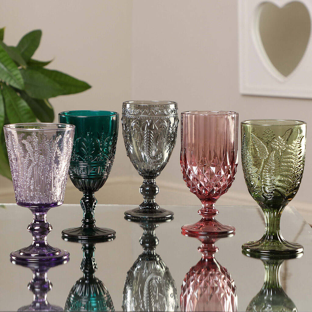 Set Of Four Vintage Embossed Coloured Wine Glasses By