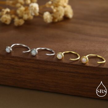 Sterling Silver White Opal Huggie Hoop Threader Earrings, 5 of 11