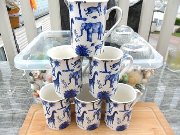 Set Of Six Straight Mugs In Blue Safari Design, 2 of 12